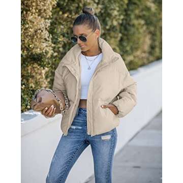 MEROKEETY Women's Long Sleeve Full Zip Puffer Coats Stand Collar Pockets Warm Padded Jackets, LightKhaki, S