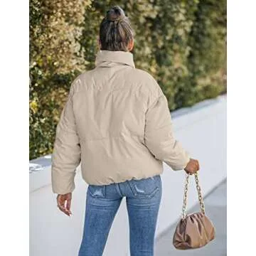 MEROKEETY Women's Long Sleeve Full Zip Puffer Coats Stand Collar Pockets Warm Padded Jackets, LightKhaki, S