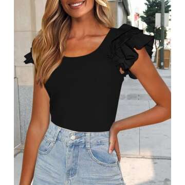 PRETTYGARDEN Women's Ruffle Short Sleeve Shirts 2025 Summer Casual Basic Tee Cute Fitted Crew Neck Fashion Tops Clothes (Black,Medium)