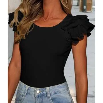 PRETTYGARDEN Women's Ruffle Short Sleeve Shirts 2025 Summer Casual Basic Tee Cute Fitted Crew Neck Fashion Tops Clothes (Black,Medium)