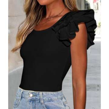 PRETTYGARDEN Women's Ruffle Short Sleeve Shirts 2025 Summer Casual Basic Tee Cute Fitted Crew Neck Fashion Tops Clothes (Black,Medium)
