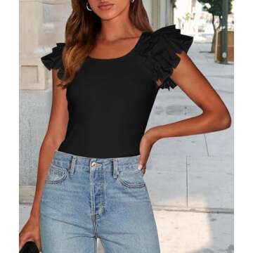 PRETTYGARDEN Women's Ruffle Short Sleeve Shirts 2025 Summer Casual Basic Tee Cute Fitted Crew Neck Fashion Tops Clothes (Black,Medium)