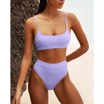 MELYUM High Waisted Bikini Sets for Women Two Piece Swimsuit Tummy Control Bathing Suit Cheeky Bottoms Push Up Top Light Purple