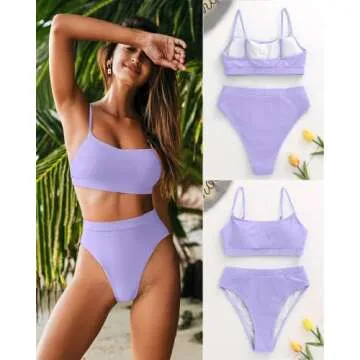 MELYUM High Waisted Bikini Sets for Women Two Piece Swimsuit Tummy Control Bathing Suit Cheeky Bottoms Push Up Top Light Purple