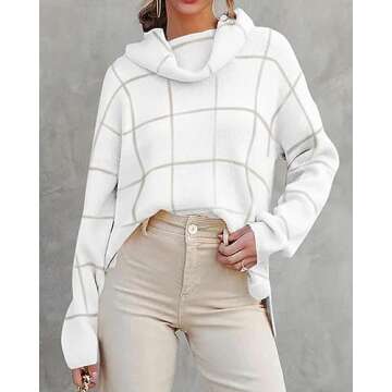 KIRUNDO Womens Sweaters 2024 Trendy Fall Winter Turtleneck Long Sleeve Plaid Chunky Knit Pullover Loose Jumper Tops (Beige, Medium)