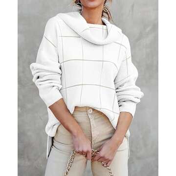 KIRUNDO Womens Sweaters 2024 Trendy Fall Winter Turtleneck Long Sleeve Plaid Chunky Knit Pullover Loose Jumper Tops (Beige, Medium)