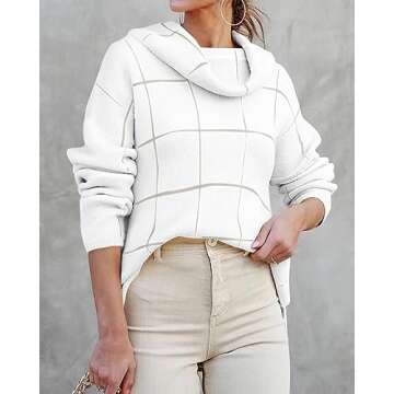 KIRUNDO Womens Sweaters 2024 Trendy Fall Winter Turtleneck Long Sleeve Plaid Chunky Knit Pullover Loose Jumper Tops (Beige, Medium)