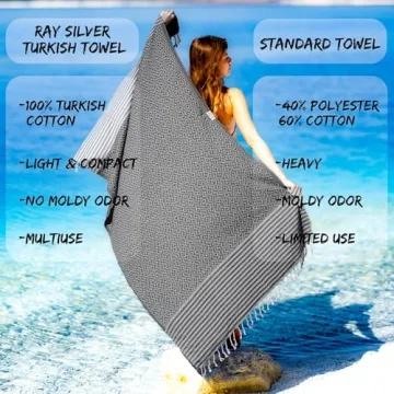 RAY SILVER Turkish Beach Towel Quick Dry Sand Free Lightweight