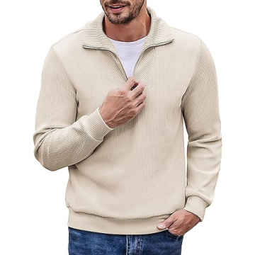 COOFANDY Mens Quarter Polo Mock Neck Corduroy Pullover Casual Solid Sweatshirt Beige