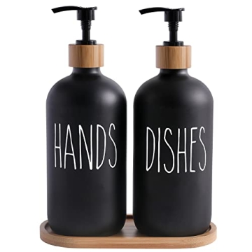 MOMEEMO Matte Black Glass Soap Dispenser Set - Hand and Dish Soap Dispensers Suitable for Rustic Kit...