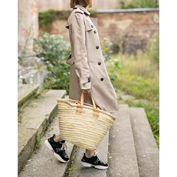 FRENCH BASKET with Double Flat Leather Handles - Handmade Straw Bag for Beach or Shopping
