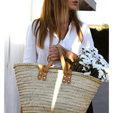 Handmade FRENCH BASKET - Stylish Straw Bag with Leather Handles