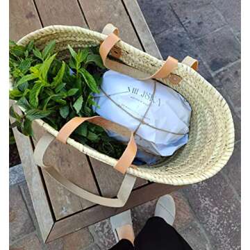 Handmade FRENCH BASKET - Stylish Straw Bag with Leather Handles