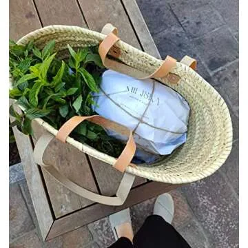 Handmade FRENCH BASKET - Stylish Straw Bag with Leather Handles