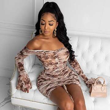Women Floral Print Tunic Dress Bell Sleeve Sexy Off Shoulder Front Ruched Mesh Bodycon Sheath Dress Brown S