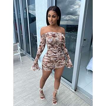Women Floral Print Tunic Dress Bell Sleeve Sexy Off Shoulder Front Ruched Mesh Bodycon Sheath Dress Brown S