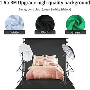 LOMTAP Photography Lighting Kit Soft Boxes Photo Studio Light Background Support System 6.5ftx9.8ft Stand Backdrop Softbox Umbrella with Reflector Green Screen Kit 4 Bulbs 6 Clips