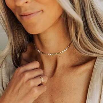 CHESKY 14K Gold Plated Disc Choker Necklace Dainty Coin Adjustable Tattoo Choker Simple Flat Discs Sequins Necklace Women Jewelry Gifts