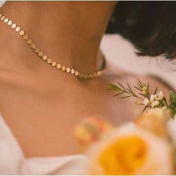 CHESKY 14K Gold Plated Disc Choker Necklace Dainty Coin Adjustable Tattoo Choker Simple Flat Discs Sequins Necklace Women Jewelry Gifts