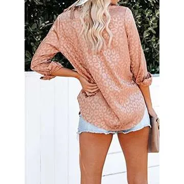 Astylish Women Casual Cuffed Long Sleeve Button up V Neck Satin Embossed Tunic Shirts Tops Orange Large