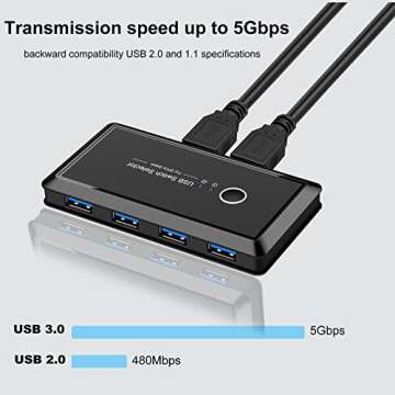 USB 3.0 Switch Selector 4 Port 2 Computers Peripheral Switcher Adapter Hub for PC Printer Mouse Keyboard with One Button Switch
