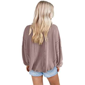 Panadila Women's Oversized Waffle Knit Pullover Casual Long Sleeve Tops Trendy Round Neck Tunic Shirts(Dusty Mauve,M)