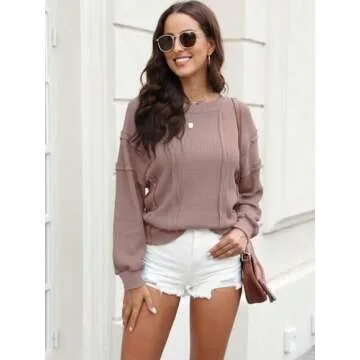 Panadila Women's Oversized Waffle Knit Pullover Casual Long Sleeve Tops Trendy Round Neck Tunic Shirts(Dusty Mauve,M)