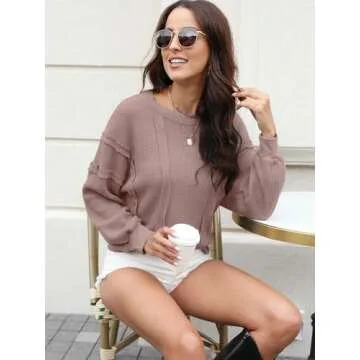 Panadila Women's Oversized Waffle Knit Pullover Casual Long Sleeve Tops Trendy Round Neck Tunic Shirts(Dusty Mauve,M)