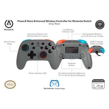 PowerA Nano Enhanced Wireless Controller for Nintendo Switch - Grey-Neon, Works with Nintendo Switch Lite, Bluetooth Controller, Gamepad, Compact, Smaller, Rechargeable, Portable - Nintendo Switch