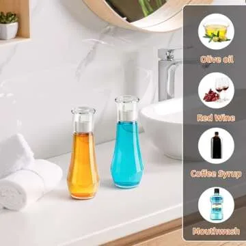 VITVITI Glass Mouthwash Dispenser for Bathroom, 8.8OZ Mouth Wash Container Bottle with Lid Cup, Small Clear Refillable Mouthwash Dispenser Decanter for Countertop, Set of 2