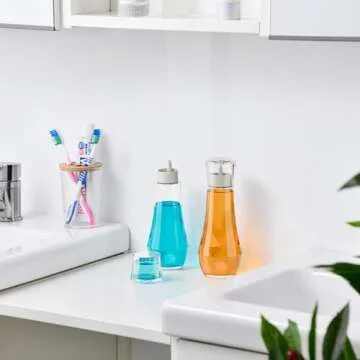 VITVITI Glass Mouthwash Dispenser for Bathroom, 8.8OZ Mouth Wash Container Bottle with Lid Cup, Small Clear Refillable Mouthwash Dispenser Decanter for Countertop, Set of 2