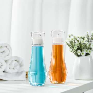 VITVITI Glass Mouthwash Dispenser for Bathroom, 8.8OZ Mouth Wash Container Bottle with Lid Cup, Small Clear Refillable Mouthwash Dispenser Decanter for Countertop, Set of 2