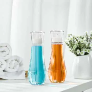 VITVITI Glass Mouthwash Dispenser for Bathroom, 8.8OZ Mouth Wash Container Bottle with Lid Cup, Small Clear Refillable Mouthwash Dispenser Decanter for Countertop, Set of 2