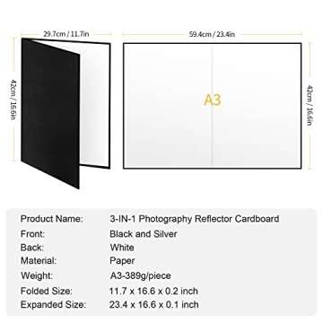 Meking 3 in 1 Photography Reflector Cardboard, 17"x12"/42x30cm A3 Folding Light Diffuser Board for Still Life, Product and Food Photo Shooting - Black, Silver and White