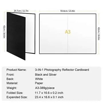 Meking 3 in 1 Photography Reflector Cardboard, 17"x12"/42x30cm A3 Folding Light Diffuser Board for Still Life, Product and Food Photo Shooting - Black, Silver and White