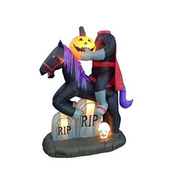 TWO HALLOWEEN PARTY DECORATIONS BUNDLE, Includes 6.5 Foot Tall Inflatable Headless Horseman with Pumpkin Tombstone, and 9 Foot Tall Inflatable Tree with Ghosts Pumpkins Owl and Tombstone Blowup Lights