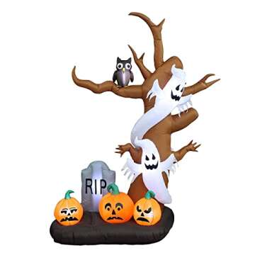 TWO HALLOWEEN PARTY DECORATIONS BUNDLE, Includes 6.5 Foot Tall Inflatable Headless Horseman with Pumpkin Tombstone, and 9 Foot Tall Inflatable Tree with Ghosts Pumpkins Owl and Tombstone Blowup Lights