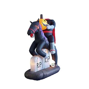 TWO HALLOWEEN PARTY DECORATIONS BUNDLE, Includes 6.5 Foot Tall Inflatable Headless Horseman with Pumpkin Tombstone, and 9 Foot Tall Inflatable Tree with Ghosts Pumpkins Owl and Tombstone Blowup Lights