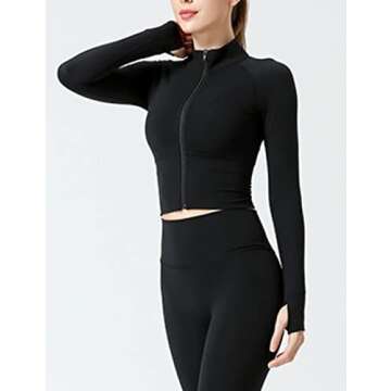 FindThy Women's Zip Up Long Sleeve Slim Fit Athletic Workout Jacket Sportswear Yoga Crop Top(0032-Black-L-LB)