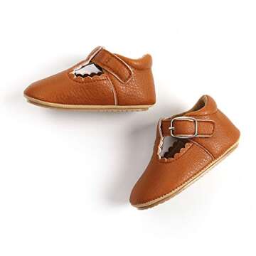 SOFMUO Baby Girl Mary Jane Flats Shoes Non Slip Soft Sole Infant Toddler First Walker Wedding Princess Dress Crib Shoes(A0/Brown,0-6 Months