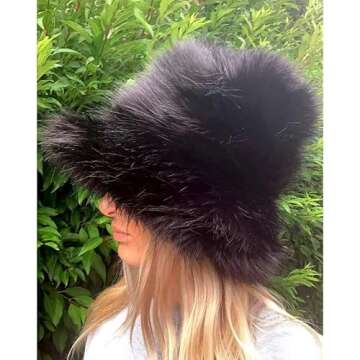 Fashion Women Furry Bucket Hat Solid Color Winter Cap Headband Winter Warm Windproof for Streetwear Punk Harajuku Hat (Black, One Size)