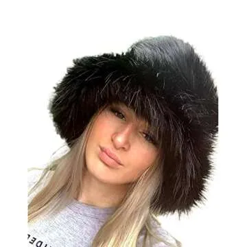 Fashion Women Furry Bucket Hat Solid Color Winter Cap Headband Winter Warm Windproof for Streetwear Punk Harajuku Hat (Black, One Size)