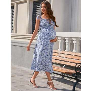 KOJOOIN Women Maternity Smocked Summer Spring Casual Boho Dress Spaghetti Strap Sleeveless Nursing Maxi Dress Baby Shower S-Blue Floral XXL