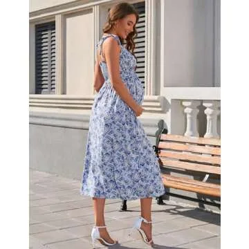 KOJOOIN Women Maternity Smocked Summer Spring Casual Boho Dress Spaghetti Strap Sleeveless Nursing Maxi Dress Baby Shower S-Blue Floral XXL
