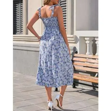 KOJOOIN Women Maternity Smocked Summer Spring Casual Boho Dress Spaghetti Strap Sleeveless Nursing Maxi Dress Baby Shower S-Blue Floral XXL