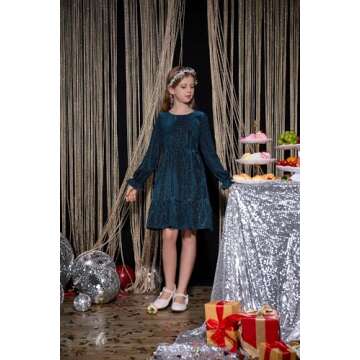 GRACE KARIN Christmas Velvet Dress for Girl Ruffle Long Sleeve Blue Sparkle Dress Size 12-14