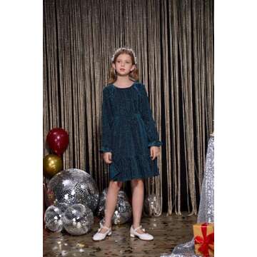 GRACE KARIN Christmas Velvet Dress for Girl Ruffle Long Sleeve Blue Sparkle Dress Size 12-14