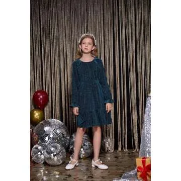 GRACE KARIN Christmas Velvet Dress for Girl Ruffle Long Sleeve Blue Sparkle Dress Size 12-14