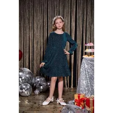GRACE KARIN Christmas Velvet Dress for Girl Ruffle Long Sleeve Blue Sparkle Dress Size 12-14