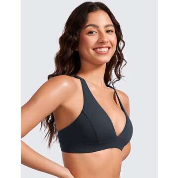 CRZ YOGA Butterluxe Deep V-Neck Sports Bras for Women - Spaghetti Strap Criss Cross Padded Top Low Coverage Wireless Yoga True Navy Medium